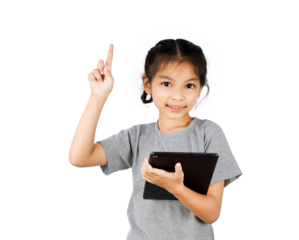 Little girl playing with a digital tablet and hand up pointing to the top