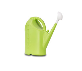 Obraz premium Green plastic watering can isolated on white background with clipping path for gardening, irrigation, home planting, and agriculture concepts.