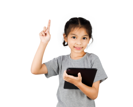 Little girl playing with a digital tablet and hand up pointing to the top