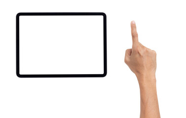 hand with mockup computer tablet empty screen isolated on white background
