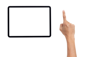 hand with mockup computer tablet empty screen isolated on white background