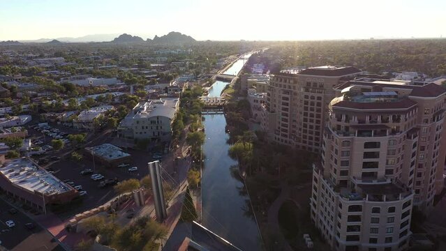 Aerial sunset view of the Salt River Canal and downtown area of Scottsdale, Arizona, USA.