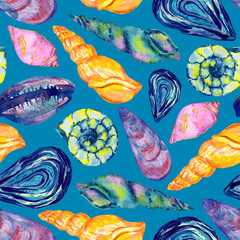 Watercolor seashells seamless pattern on blue background