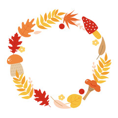 Round frame of autumn leaves and mushrooms