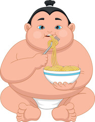 cartoon cute sumo wrestler eating noodle - obrazy, fototapety, plakaty