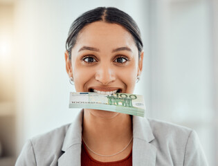 Money, happy and smiling business woman expressing spending cash for a dental plan. Female showing...