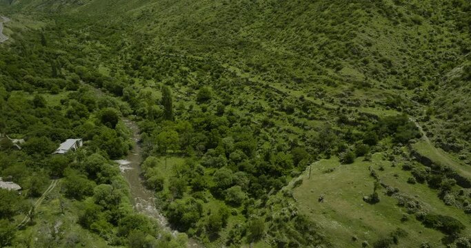 Paravani River Flowing Down The Ancient Terraces For Agricultural Crops In Georgia. - aerial