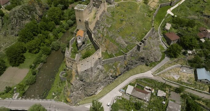 Top View Of The Historical Monument Atop Rocky Hill In Khertvisi Village Of Aspindza Municipality, Southern Georgia. Aerial Topdown Shot
