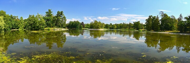 Lednice - South Moravia - Czech Republic. A beautiful park with a lake in the castle grounds. Landscape with nature in summer time.