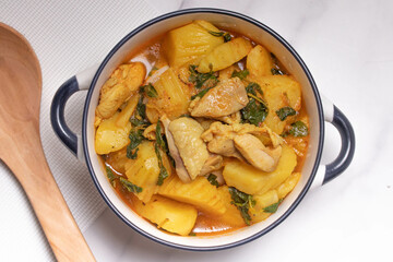 Chicken and Potato Curry with Basil Leaves in a Thai White Bowl