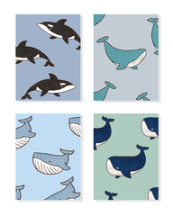 Vector Illustration of Cartoon Whale Postcard Set