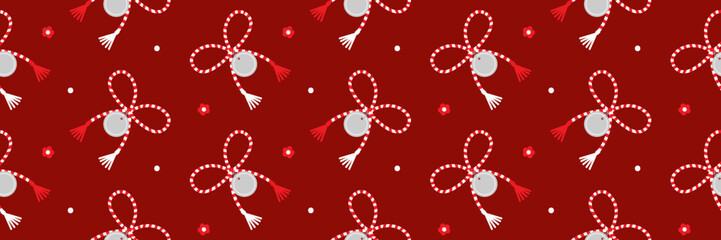 Wide horizontal vector seamless pattern background with martisor talismans, gifts, traditional accessories for Martisor holiday celebration.

