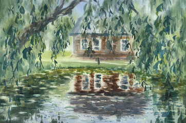 Old house by the river watercolor landscape