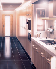 Moderner Küchenausbau integriert in einem Durchgang (Teilausschnitt) - 3D Visualisierung