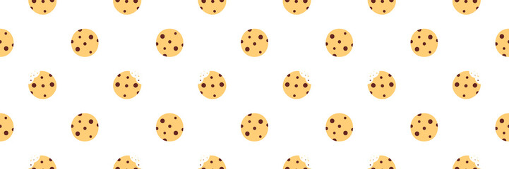 Wide horizontal vector seamless pattern background for snack design with cute little chocolate chips cookies, whole and with bite marks.
