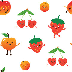 Cute cartoon style apple, strawberry, cherry, orange, peach characters vector seamless pattern background for food and nature design.
