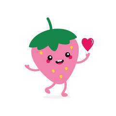 Cute happy cartoon style pink strawberry character holding heart in hand.
 