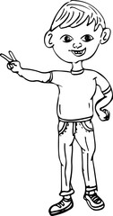 Teenage boy doing thumbs up line art vector silhouette, young boy doing thumbs up in cartoon style, Sketch drawing kid in funny pose, young boy clip art