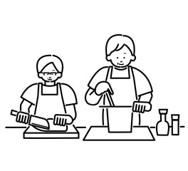 料理をする年配の夫婦のイラスト　線画のみ