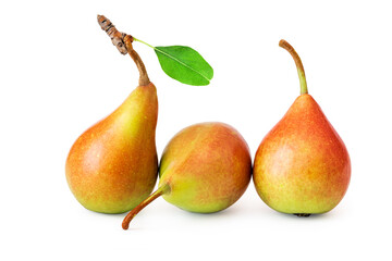 Three fruits of a sweet and ripe pear with a green leaf isolated on a white background. Fresh and healthy organic bio product
