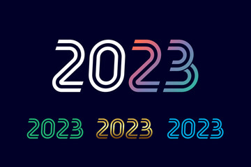 Naklejka premium 2023 happy new year numbers with colored line. Christmas banner, colorful digits on dark blue background. Graphic numbers vector design template for calendar, postcard or poster