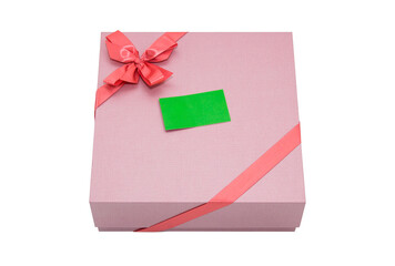 gift box with ribbon bow and paper tag, isolated