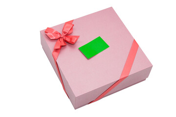 gift box with ribbon bow and paper tag, isolated
