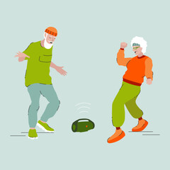 Grandma and Grandpa dancing a modern dance, to music from a speaker, vector image.