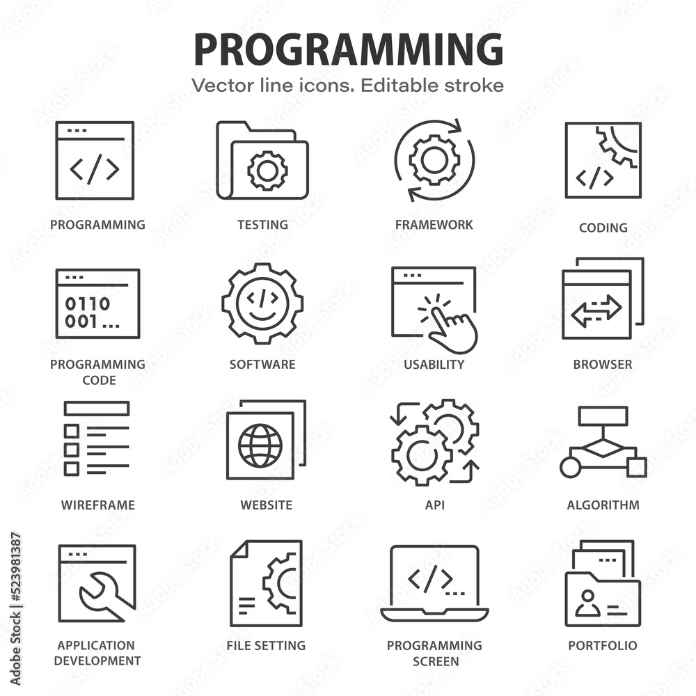 Poster programming line icons. set of software, code, website, computer and more. editable stroke.