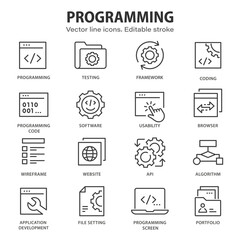 Programming line icons. Set of software, code, website, computer and more. Editable stroke.