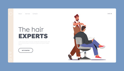 Hair Experts Landing Page Template. Visitor in Barber Shop. Hairdresser Barber Doing Hairstyle to Young Male Client