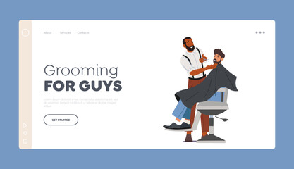 Men Beauty Salon, Barbershop Landing Page Template. Bearded Male Character Sit on Chair in Barber Shop with Hairdresser