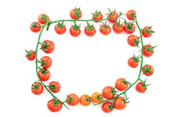 Delicious and rich tomatoes on a branch with drops of water, isolated on a white background. Agricultural harvest and daily healthy food