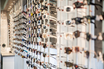 Rows of glasses and frames to choose from at the optometrist