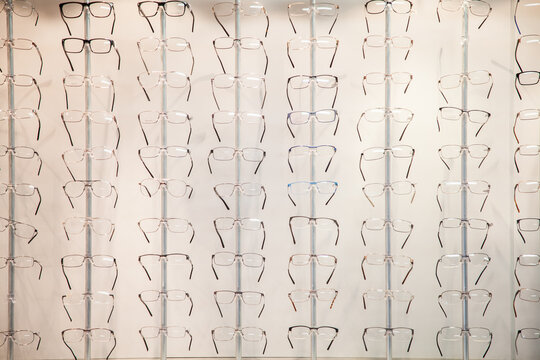 Rows of glasses and frames to choose from at the optometrist