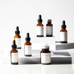 Close up of dropper bottles on the white podium on light background with shadow. Product presentation and advertising.
