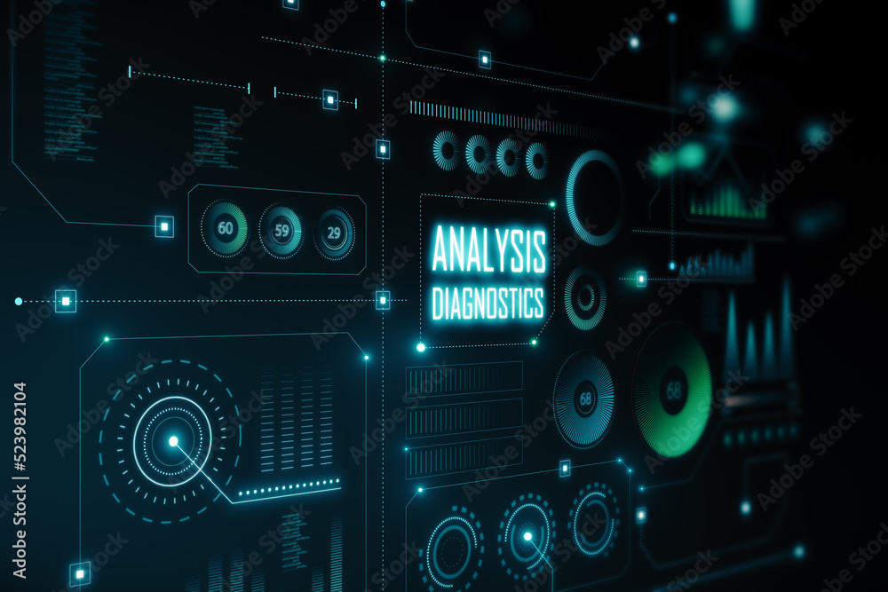 Poster Creative glowing dark digital business interface with various icons background. Diagnistics, activation and tech data anlysis concept. 3D Rendering.
