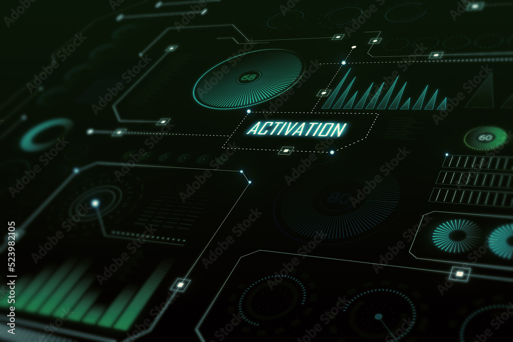 Leinwandbilder creative glowing dark digital business interface with various icons wallpaper. diagnistics, activati
