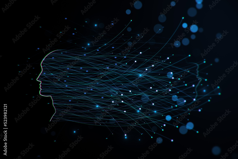 Poster Abstract digital head outline with glowing lines and blurry bokeh circles on blue texture. Technology, future, ai and machine learning concept. 3D Rendering.