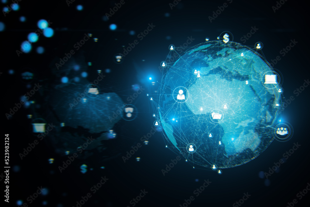 Poster Creative glowing communication and network globe hologram on blurry dark wallpaper. Worldwide networking and hud concept. 3D Rendering.