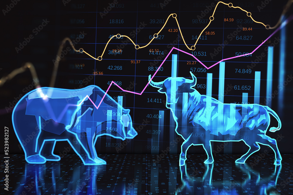 Poster Abstract bearish and bullish forex chart on blurry backdrop. Stock market exchange and financial analysis. 3D Rendering.