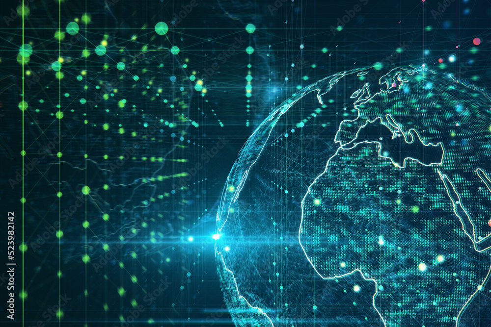 Poster creative glowing blue metaverse globe hologram with grid on blurry backdrop. 3d rendering.