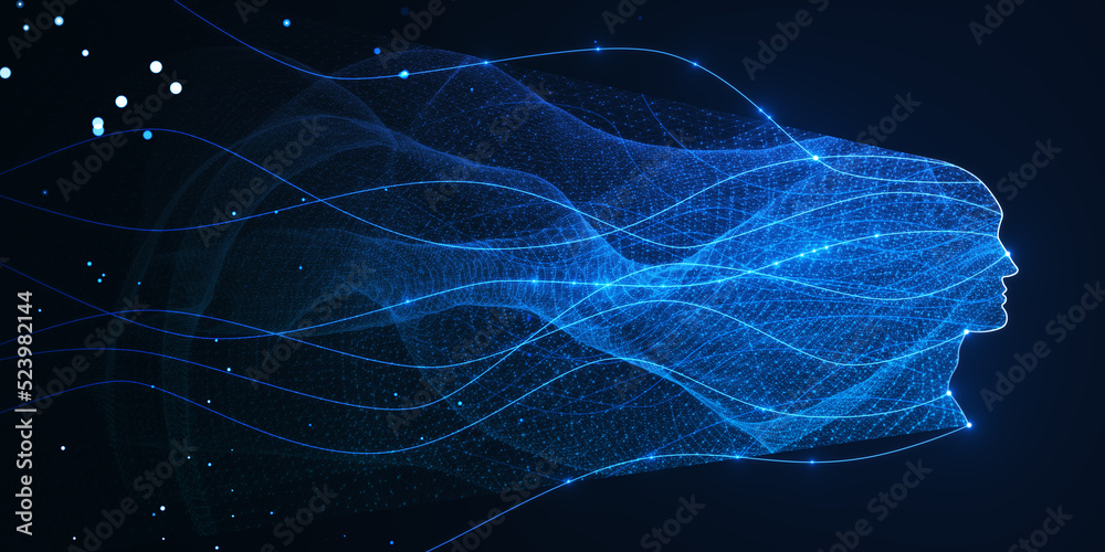 Poster Creative wide digital head outline with glowing lines and blurry bokeh circles on blue background. Technology, future, ai and machine learning concept. 3D Rendering.