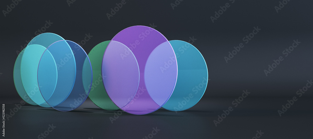 Poster abstract wide colorful round glass on black background with mock up place. decor and design banner c