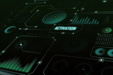 Creative glowing dark digital business interface with various icons wallpaper. Diagnistics, activation and tech data anlysis concept. 3D Rendering.
