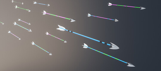 Many arrows on wide black background. Challenge, guide and goal concept. 3D Rendering.