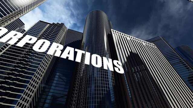 animation of the business center. buildings with mirrored windows against the sky with "corporations" written on them