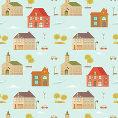 Seamless pattern with cute town print Flat