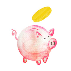 Piggy bank pink pig and gold coin watercolor single element. Template for decorating designs and illustrations.