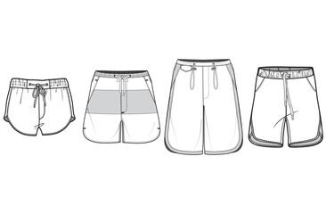 Beach Short, Board shorts, Swim shorts Sets Fashion Illustration, Vector, CAD, Technical Drawing, Flat Drawing, Template, Mockup.